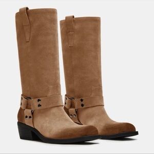 Steve Madden Ruskin Moto Distressed Women's Tan Suede Square Toe Heeled Boots